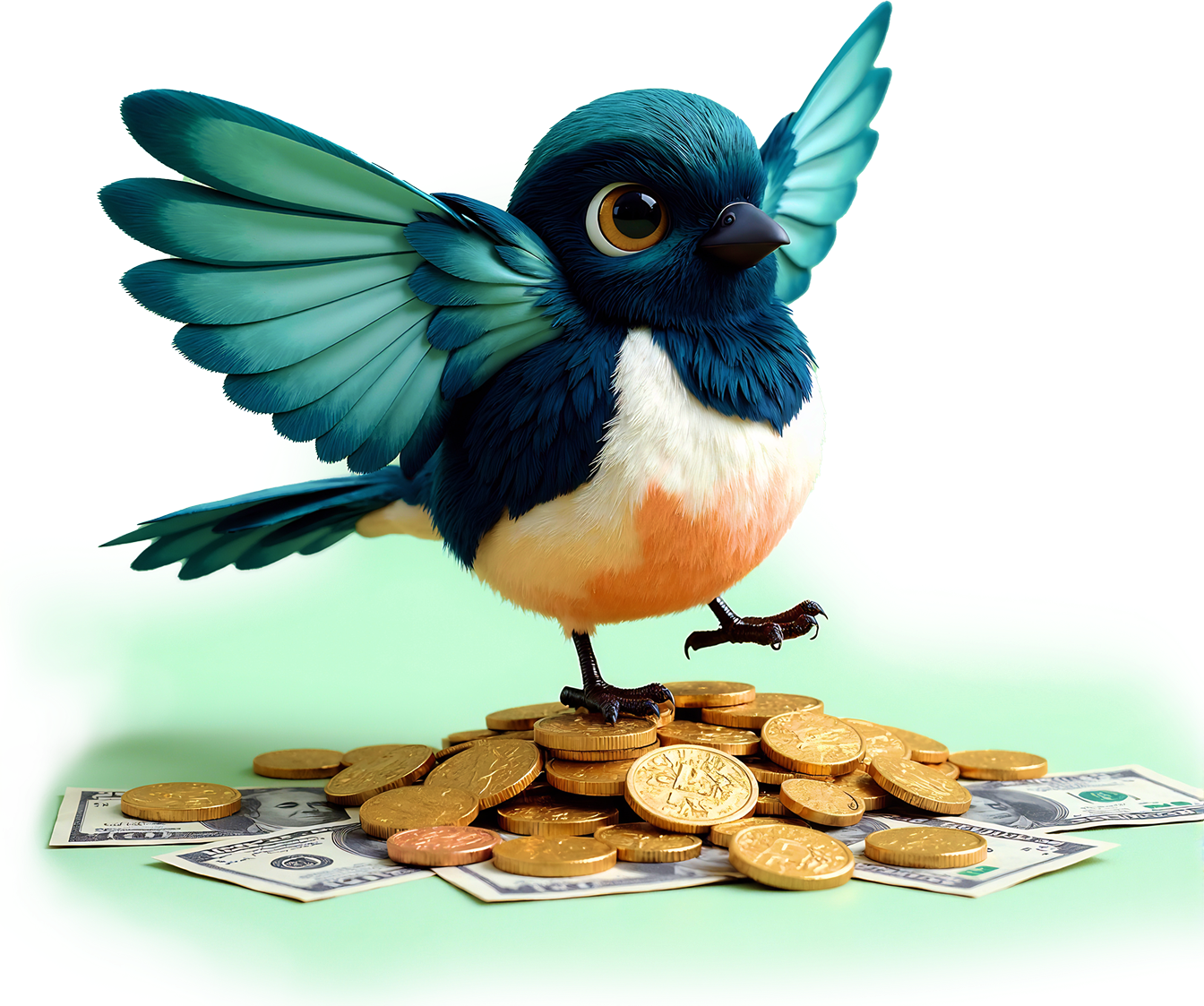 Haven bird mascot with coins