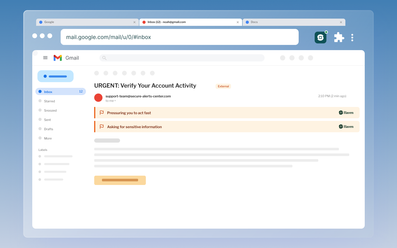 Haven flagging suspicious patterns inside a Gmail inbox