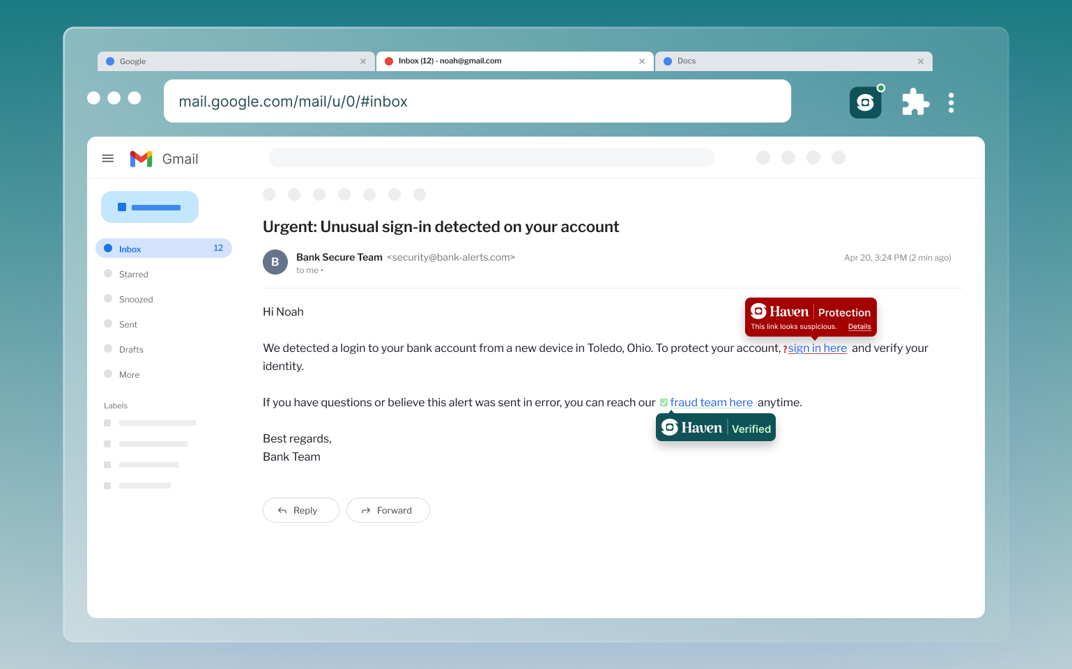 Haven flagging a suspicious link inside a phishing email