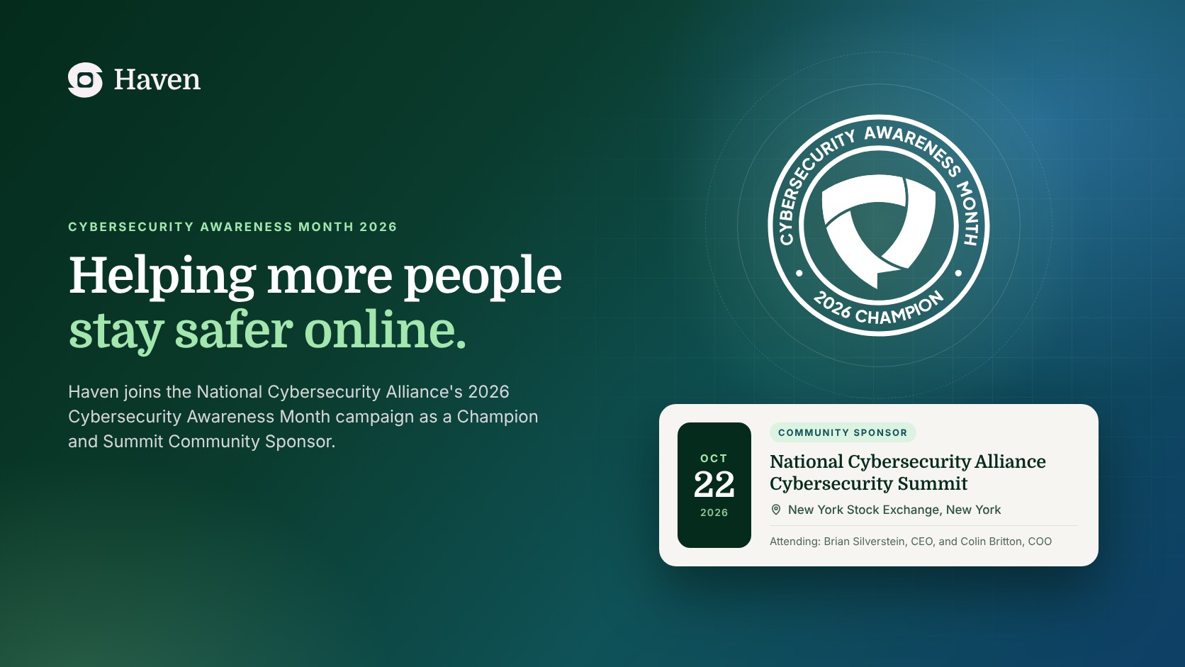 Haven Supports National Cybersecurity Alliance’s Cybersecurity Awareness Month Effort to Help People Stay Safer Online
